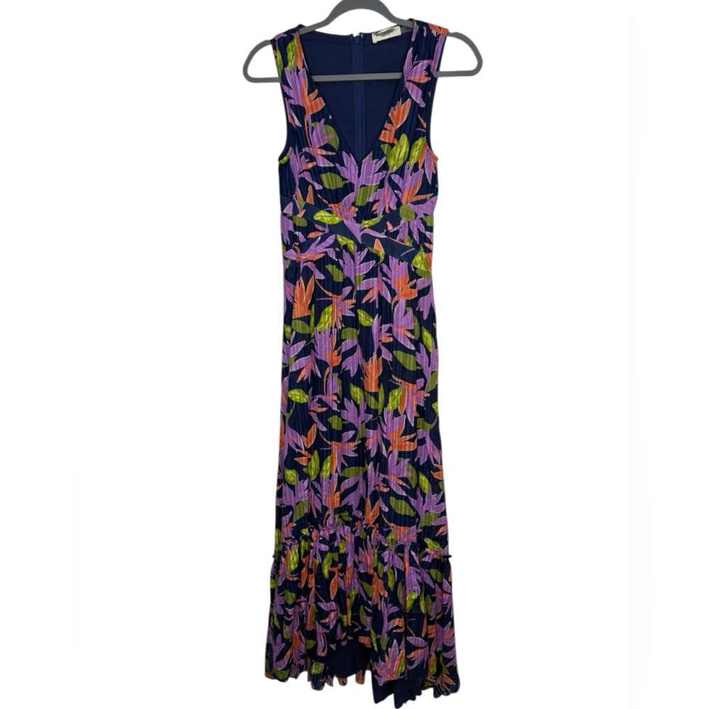 Ramy Brook Miles Floral Maxi Dress Navy High Low V Neck Sleeveless Size 00